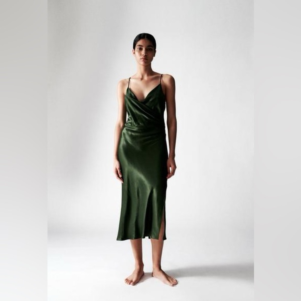 Zara Olive Green Satin Slip Midi Dress